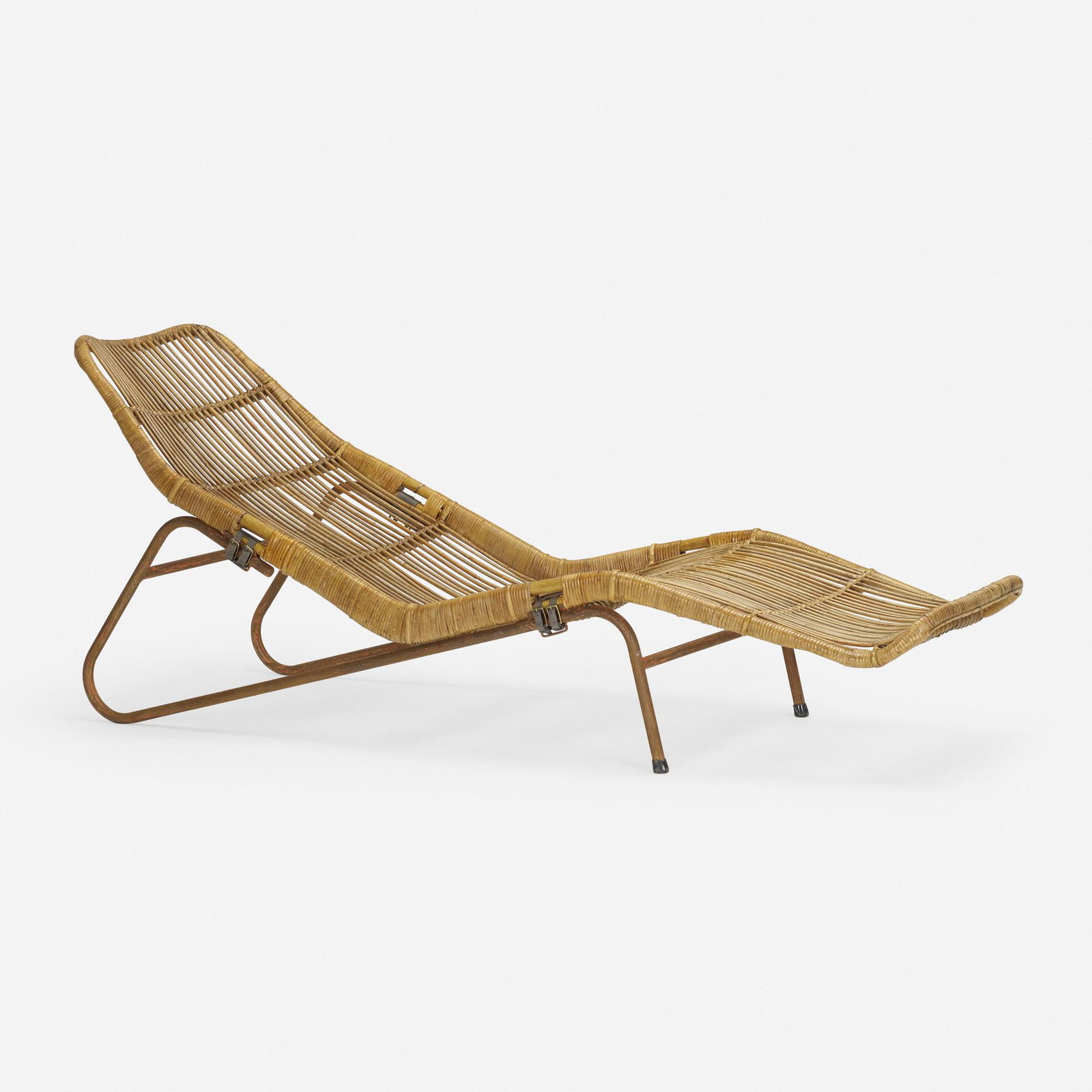 Dirk van Sliedregt, Chaise lounge, model 584: Dirk van Sliedregt Chaise lounge, model 584 Gebr. JonkersThe Netherlands, 1954rattan, enameled steel, leather, brass 28.25 h × 24 w × 75.5 l in (72 × 61 × 192 cm)