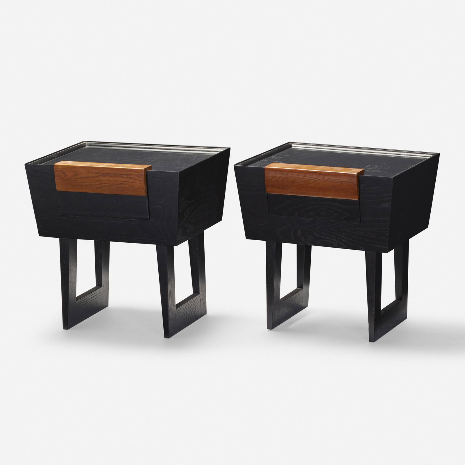 Paul Laszlo, Nightstands, pair: Paul Laszlo Nightstands, pair Brown SaltmanHungary/USA, c. 1940painted wood, glass 22 h × 21 w × 18 d in (56 × 53 × 46 cm) Applied manufacturer's label to interio