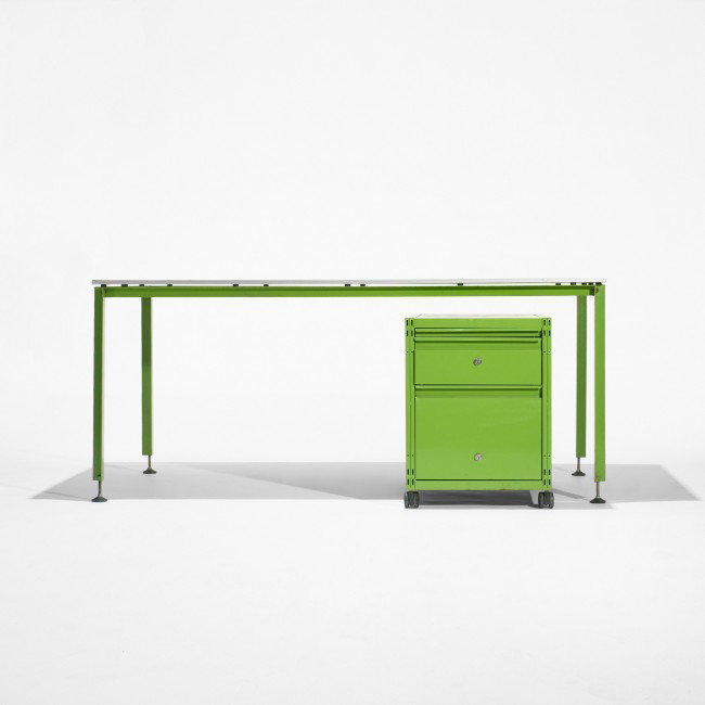 Cadestin and Laurent desk and file cabinet: Michel Cadestin and Georges Laurent desk and file cabinet from the administrative offices at the Centre Georges Pompidou Strafor France, 1977 enameled steel, aluminum, laminate, plastic 63 w x 31.5 d