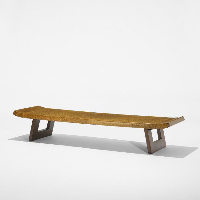 Paul Frankl bench, model 5004: Paul Frankl bench, model 5004 Johnson Furniture Company USA, c. 1948 lacquered cork, walnut 71 w x 20.75 d x 13.25 h inches Stamped mark to underside: [5004-199].