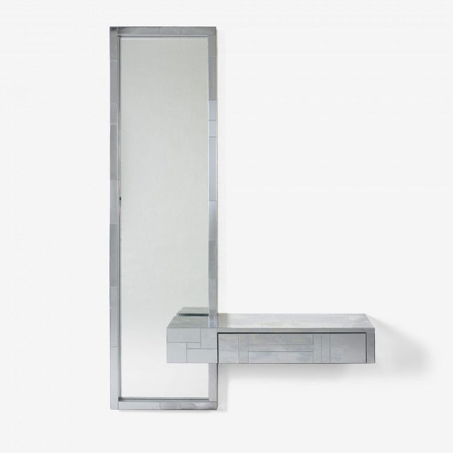 Paul Evans Cityscape console and mirror: Paul Evans Cityscape console and mirror Paul Evans Studio for Directional USA, c. 1970 chrome-plated steel, mirrored glass 48 w x 14 d x 70 h inches Impressed signatures to frame and reverse of consol
