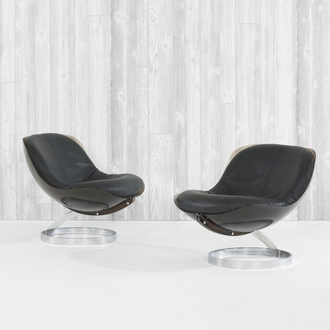 Boris Tabacoff Sphere chairs, pair: Boris Tabacoff Sphere chairs, pair France, 1971 acrylic, chrome-plated steel, leather 27 w x 27 d x 24.5 h inches Literature: Furniture and Interiors of the 1970s, Bony, pg. 26