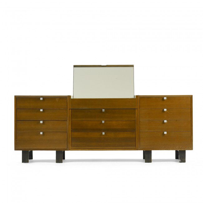 George Nelson & Associates vanity cabinet: George Nelson & Associates vanity cabinet from the Henry P. Glass House, Northfield Herman Miller USA, c. 1950 walnut, lacquered wood, aluminum, mirror 78.25 w x 20.5 d x 28 h inches Cabinet features