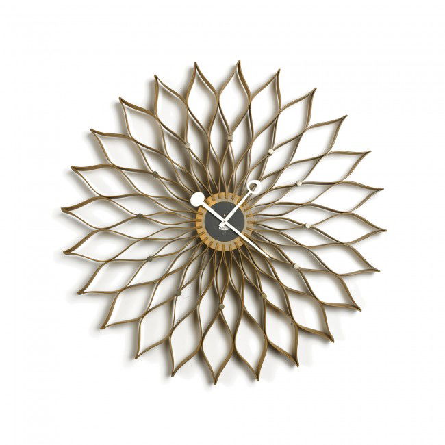 George Nelson & Associates Sunflower wall clock: George Nelson & Associates Sunflower wall clock, model 2261 Howard Miller Clock Company USA, 1958 laminated walnut, birch, brass, enameled aluminum 29.5 w x 2.75 d x 29.5 h inches Signed with impresse