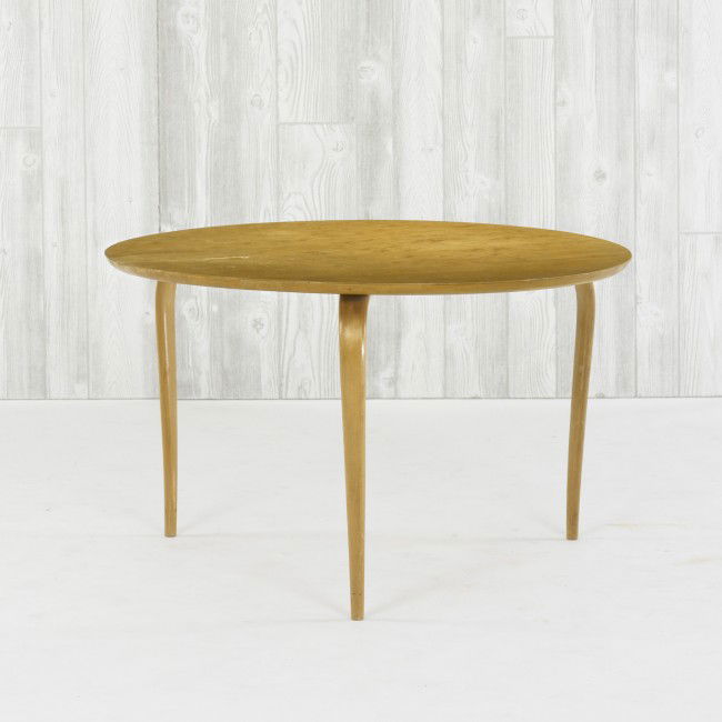 Bruno Mathsson table: Bruno Mathsson table Firma Karl Mathsson Sweden, c. 1942 bird's-eye maple, beech plywood 33.5 dia x 20 h inches Signed with decal manufacturer's labels to underside: [Bruno Mathsson Firma Karl Mathsso