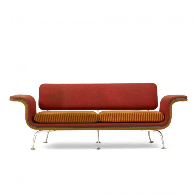 Alexander Girard sofa, model 66303: Alexander Girard sofa, model 66303 Herman Miller USA, 1967 upholstery, aluminum, vinyl 71 w x 26 d x 25.75 h inches Signed with applied inventory label to leg: [Braniff International Airways Property 