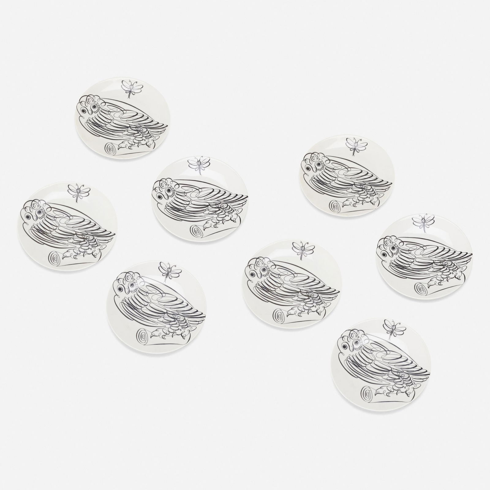 Piero Fornasetti, Uccelli Calligrafici plates: Piero Fornasetti Uccelli Calligrafici plates, set of eight Fornasetti MilanoItaly, c. 1962transfer-printed porcelain 0.75 h × 8.25 dia in (2 × 21 cm) Stamped manufacturer's m