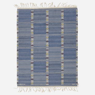 Barbro Nilsson, Falurutan flatweave carpet: Barbro Nilsson Falurutan flatweave carpet Marta Maas-Fjetterstrom ABSweden, 1952hand-woven wool 45 w × 58.5 l in (114 × 149 cm) Woven signature to edge 'ABMMF BN'.