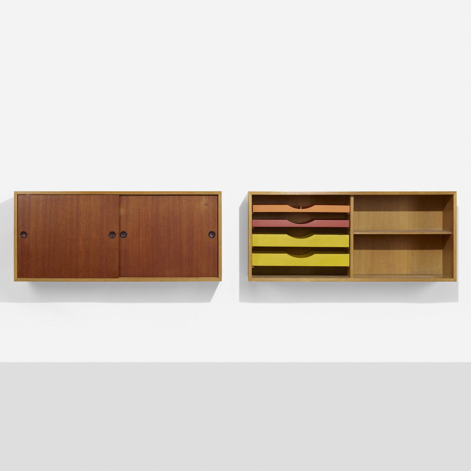 Borge Mogensen, Cabinets, set of two: Borge Mogensen Cabinets, set of two Karl Andersson & SonerDenmark / Sweden, c. 1955oak, teak, lacquered wood 23 h × 53 w × 14 d in (58 × 135 × 36 cm) One cabinet