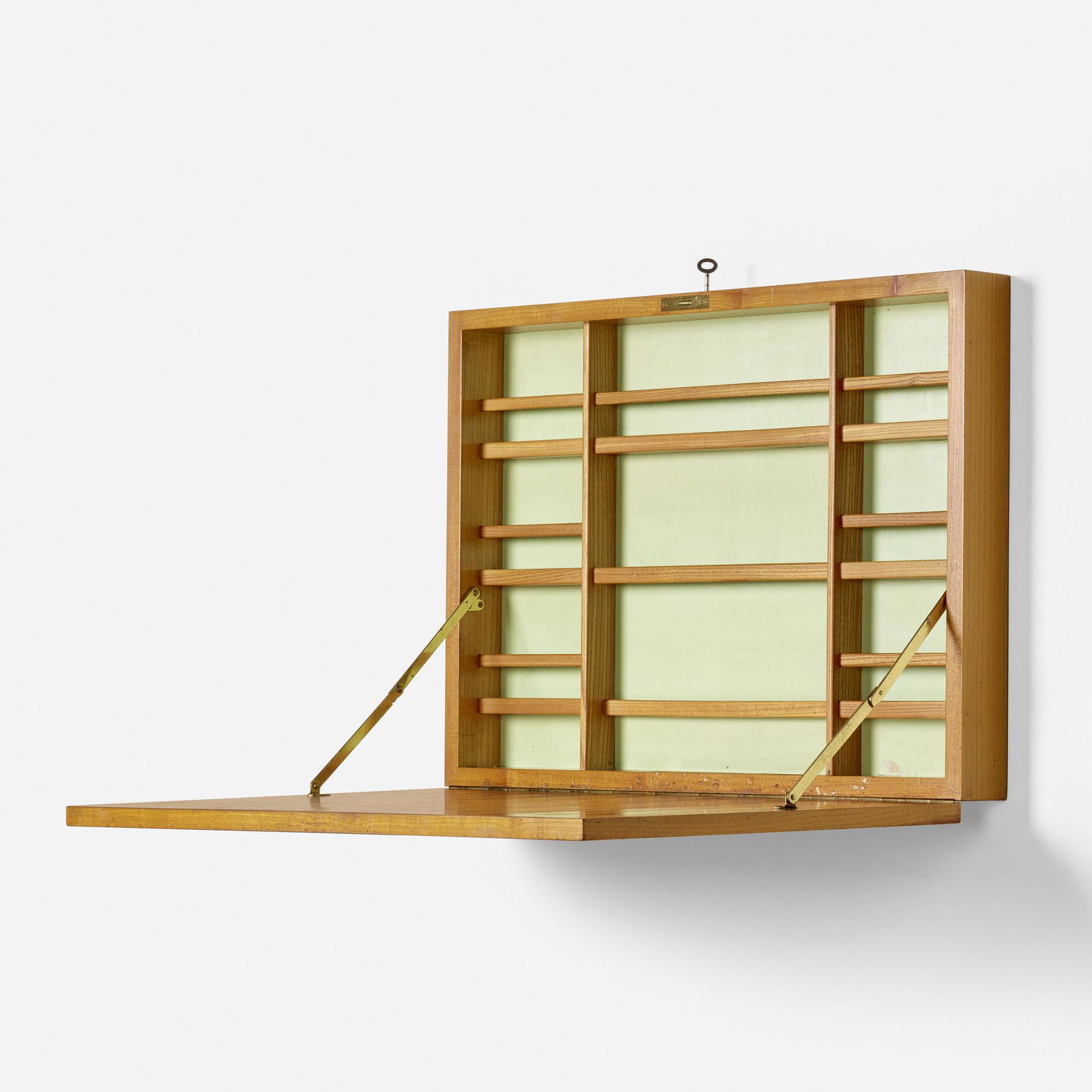Bruno Mathsson, Rare wall-mounted secretary: Bruno Mathsson Rare wall-mounted secretary Karl MathssonSweden, 1936 / 1939oak, brass 19.75 h × 28 w × 22.5 d in (50 × 71 × 57 cm) Signed and dated to decal manuf