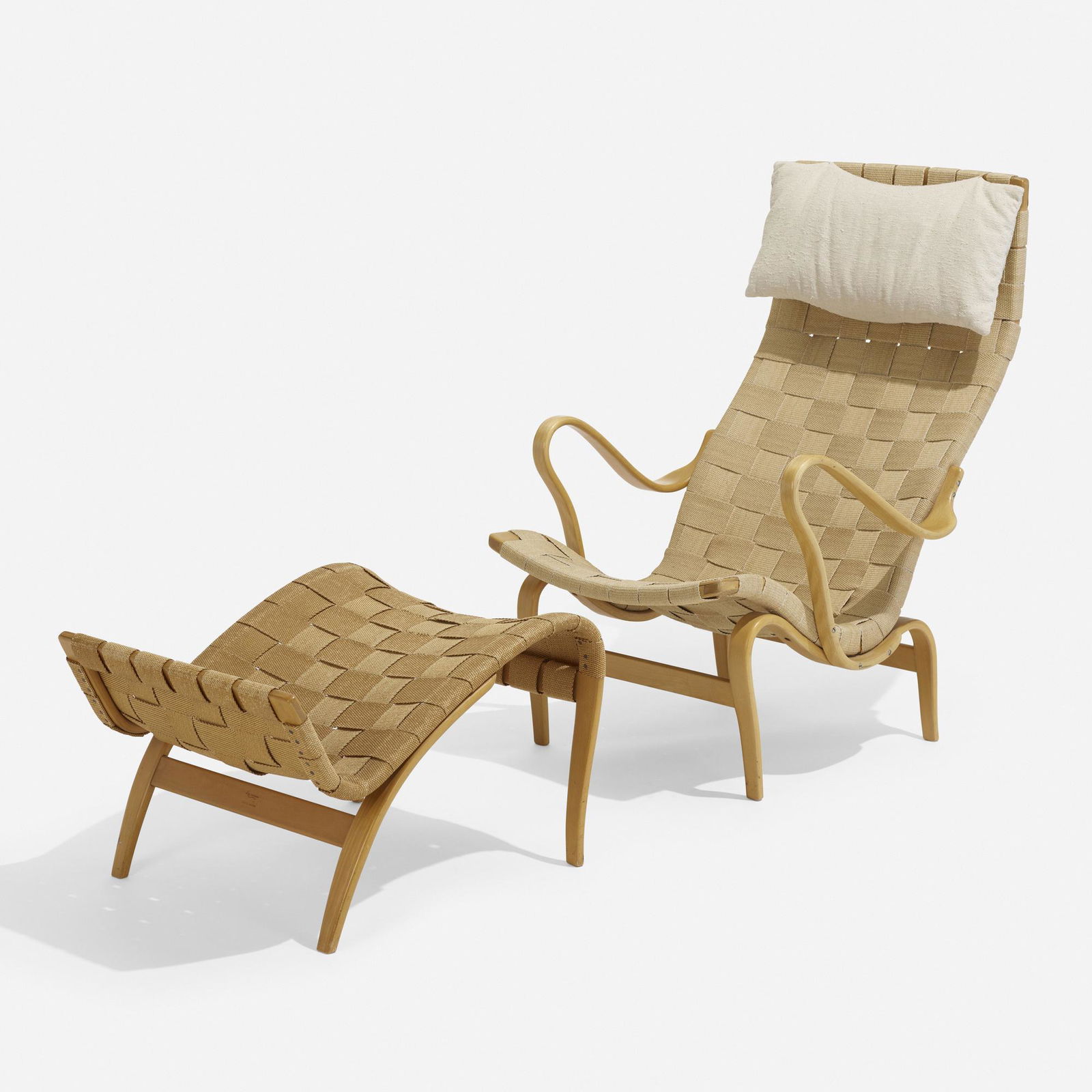 Bruno Mathsson, Pernilla 2 lounge chair and ottoman: Bruno Mathsson Pernilla 2 lounge chair and ottoman Firma Karl MathssonSweden, 1941 / 1960steam bent beech, canvas webbing, cotton chair: 39 h × 25.5 w × 33 d in (99 × 65 &time