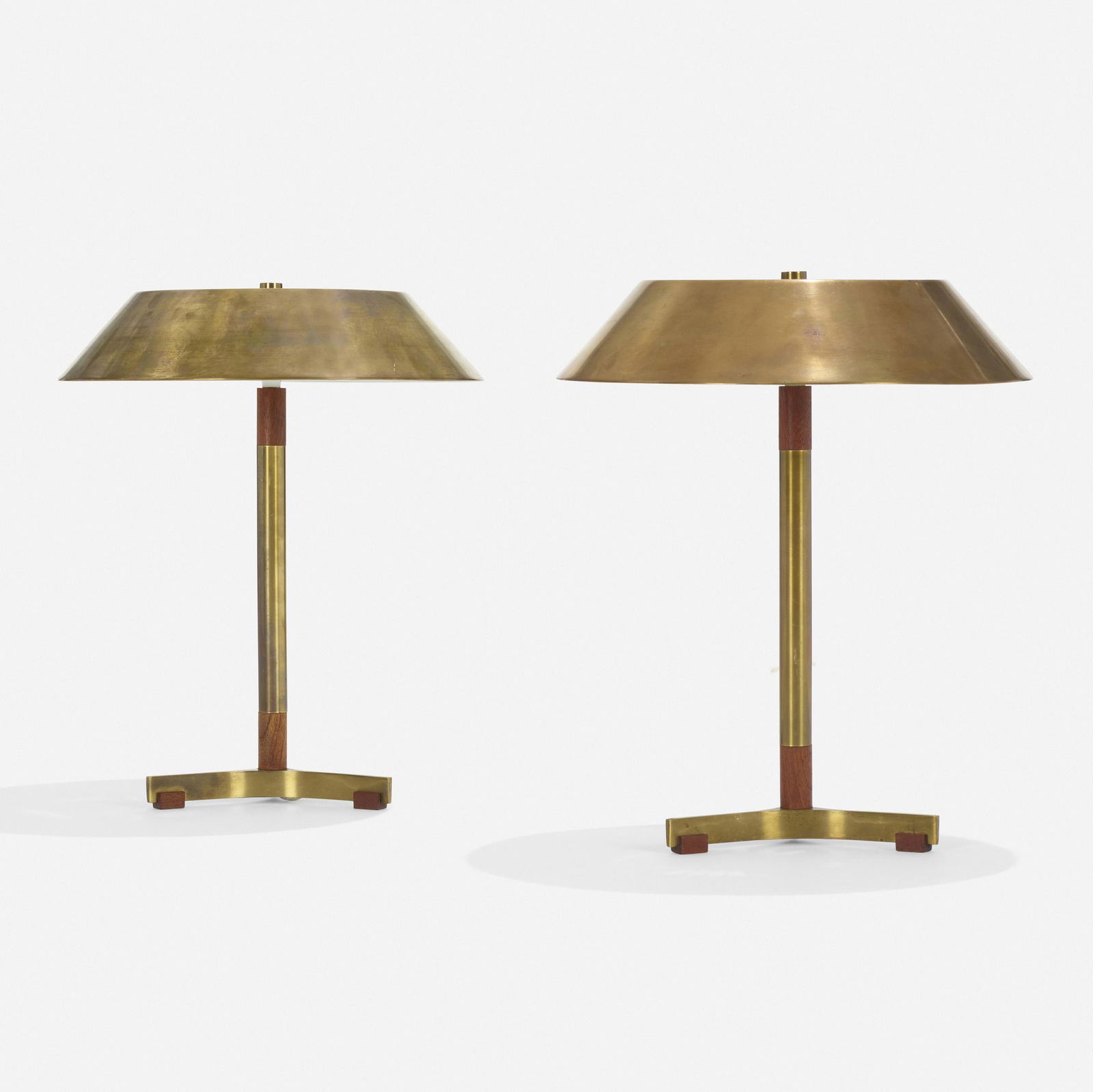 Jo Hammerborg, President table lamps, pair: Jo Hammerborg President table lamps, pair Fog & MorupDenmark, c. 1965brass, teak 18 h × 14.5 dia in (46 × 37 cm) Decal manufacturer's label to stem under shade of one example