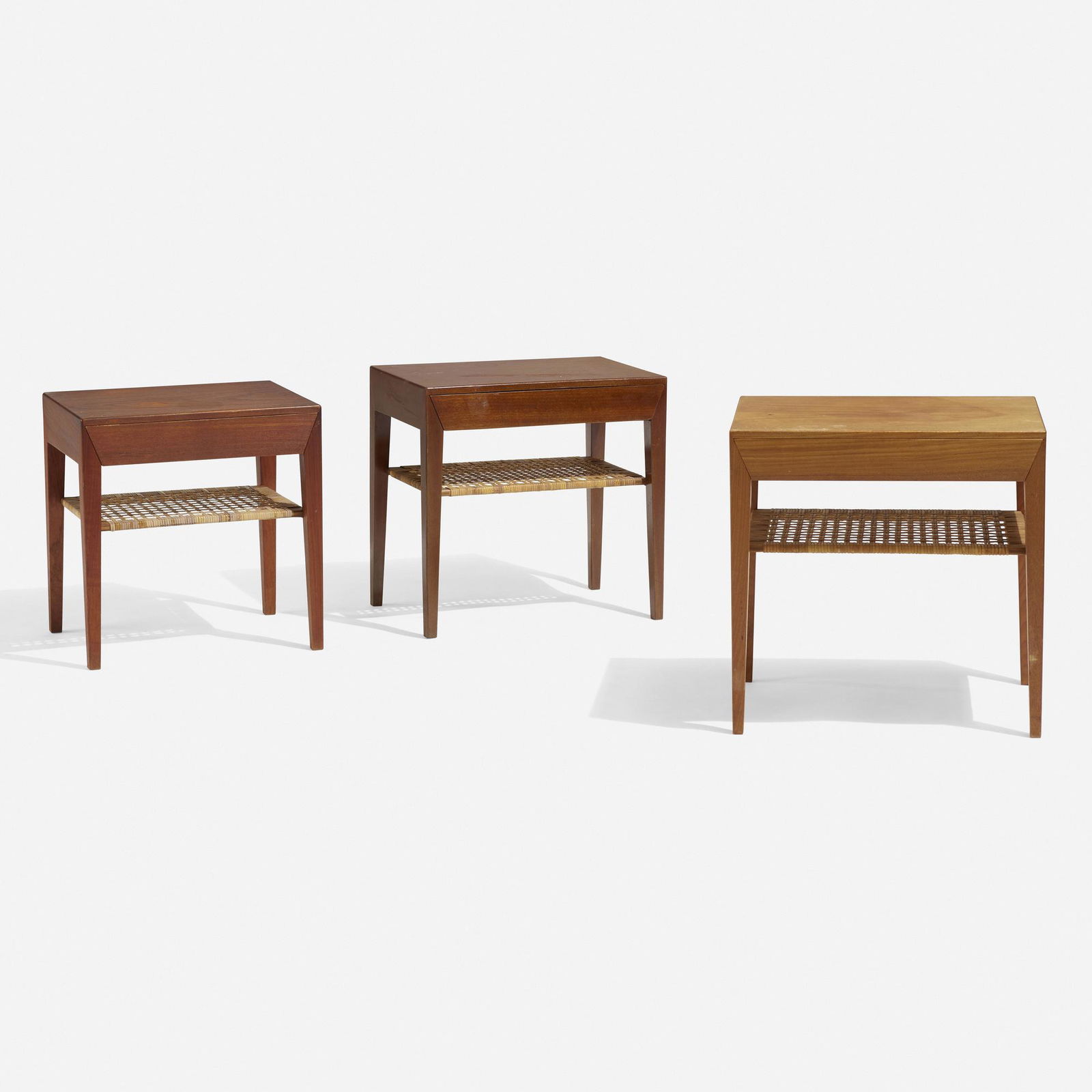 Severin Hansen Jr., Collection of three nightstands: Severin Hansen Jr. Collection of three nightstands Haslev Mobelsnedkeri A/SDenmark, c. 1965oak, teak, rattan 19.5 h × 19.5 w × 13.5 d in (50 × 50 × 34 cm) 18.25 h &ti