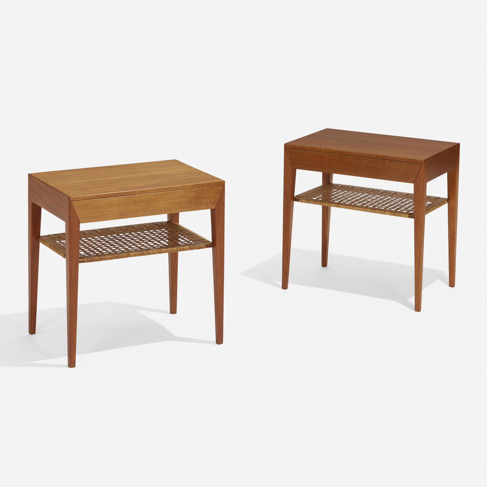 Severin Hansen Jr., Nightstands, pair: Severin Hansen Jr. Nightstands, pair Haslev Mobelsnedkeri A/SDenmark, c. 1965teak, cane 19.75 h × 19.75 w × 13.75 d in (50 × 50 × 35 cm) Each example features one