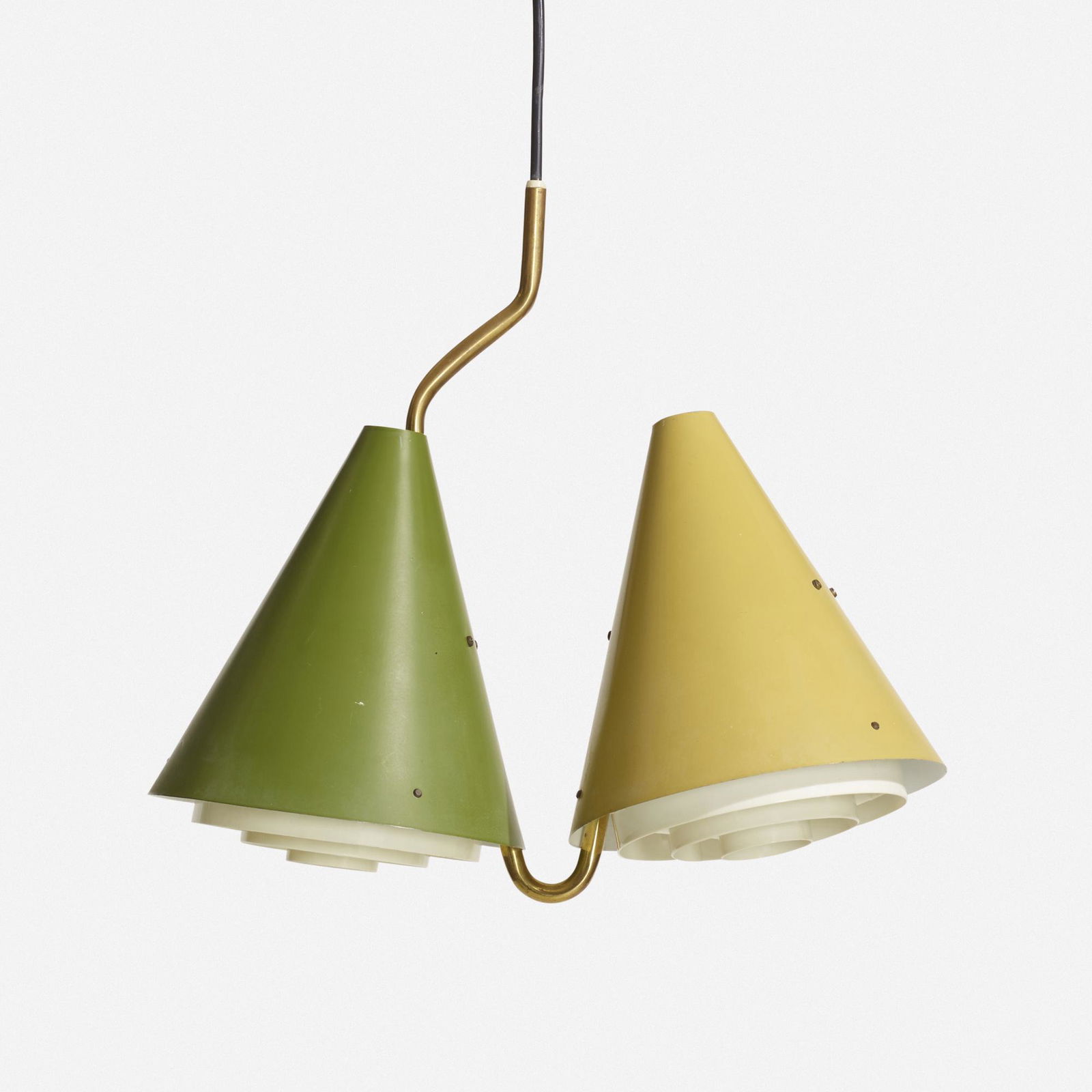 Svend Aage Holm-Sorensen, Double pendant lamp: Svend Aage Holm-Sorensen Double pendant lamp LyfaDenmark, c. 1955enameled steel, brass, plastic 13 h × 14.5 w × 7 d in (33 × 37 × 18 cm) Height is adjustable with