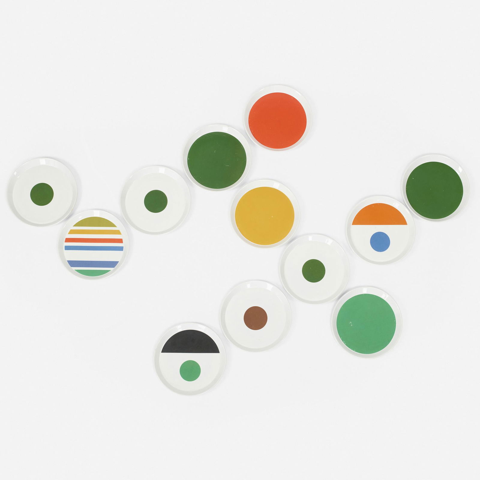 Gio Ponti, Fantasia Italiana dinner plates, twelve: Gio Ponti Fantasia Italiana dinner plates, collection of twelve Franco PozziItaly, 1967glazed porcelain 1 h × 10.25 dia in (3 × 26 cm) Printed signature and manufacturer's ma