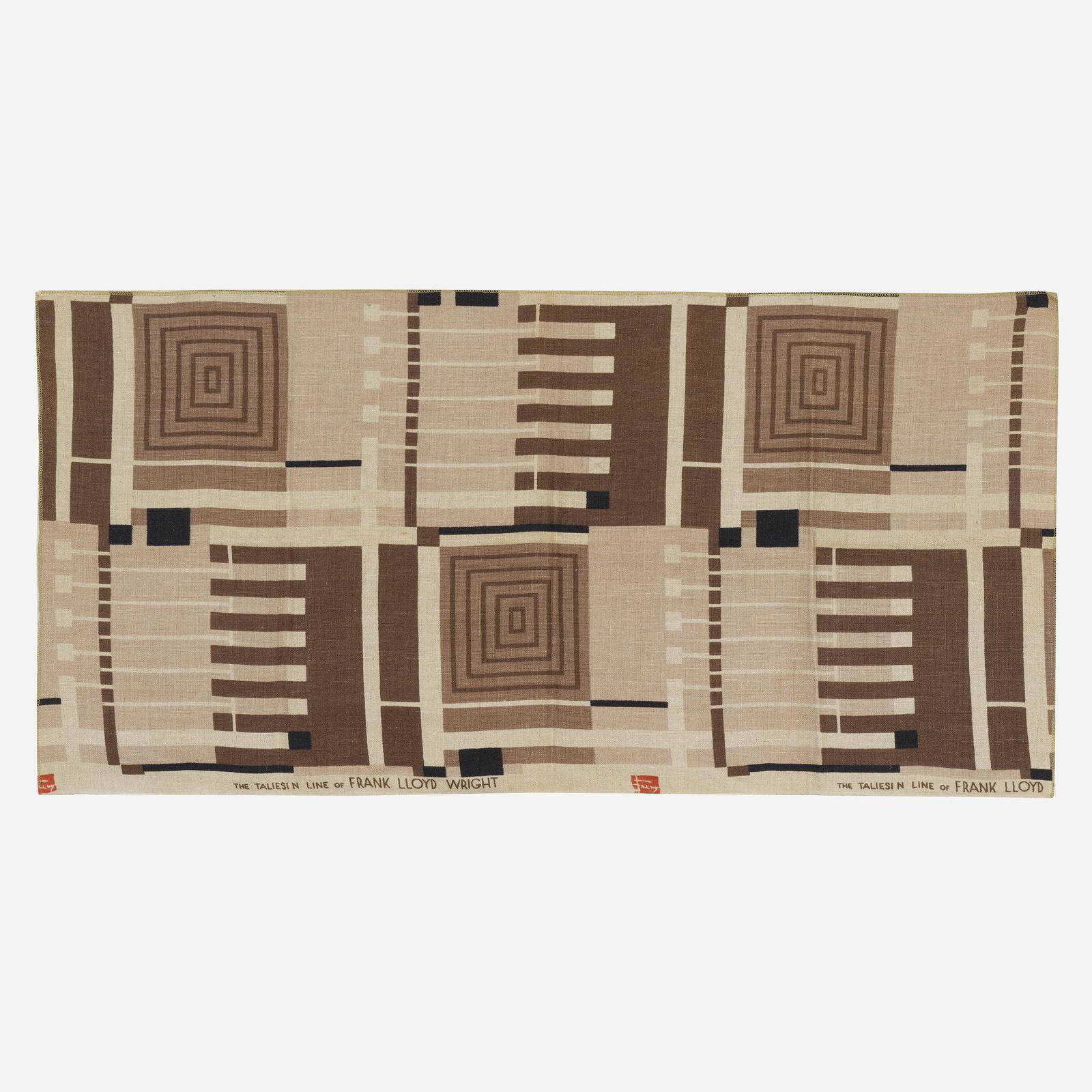 Frank Lloyd Wright, Taliesin Line fabric: Frank Lloyd Wright Taliesin Line fabric USA, c. 1955printed linen 23.5 h × 47 w in (60 × 119 cm) Printed title to selvedge 'The Taliesin Line of Frank Lloyd Wright'.