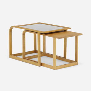 Saarinen and Swanson, Nesting tables, set of two: Eliel Saarinen and J. Robert F. Swanson Nesting tables, set of two Johnson Furniture CompanyUSA, c. 1940maple, aluminum 17.5 h × 28 w × 18.25 d in (44 × 71 × 46 cm) 1