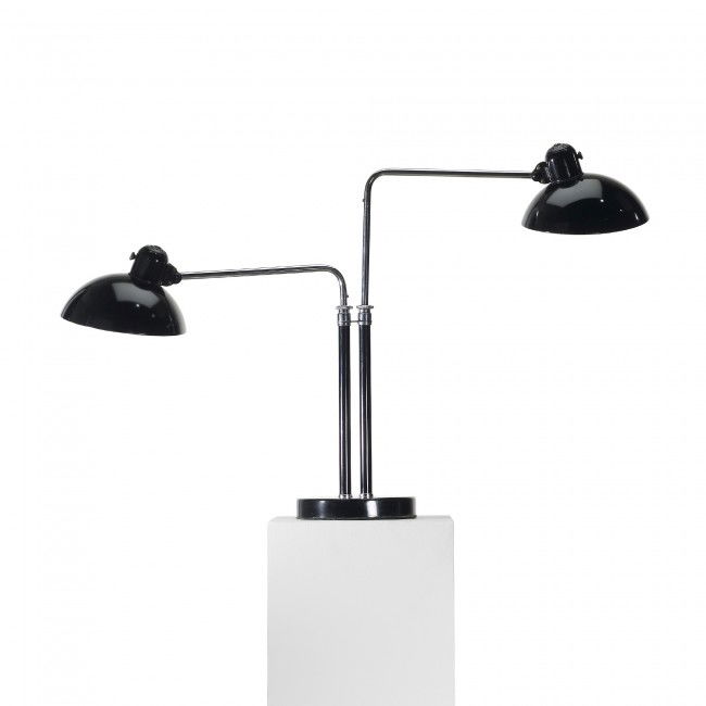 Christian Dell Double Dell table lamp: Christian Dell Double Dell table lamp Kaiser & Co. Germany, 1933 enameled steel, chrome-plated brass 39 w x 8 d x 25 h inches Signed with molded manufacturer's marks to each shade: [Original Kaiser-Id