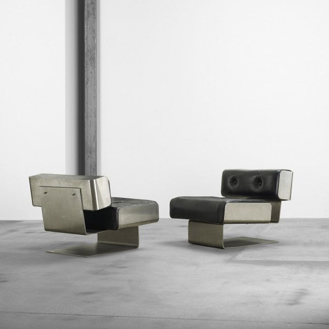 Forma Nova lounge chairs, pair: Forma Nova lounge chairs, pair Italy, c. 1969 stainless steel, leather 31.5 w x 32 d x 26.5 h inches These examples were produced for the Forma Nova office. Signed with partial decal manufacturer's la