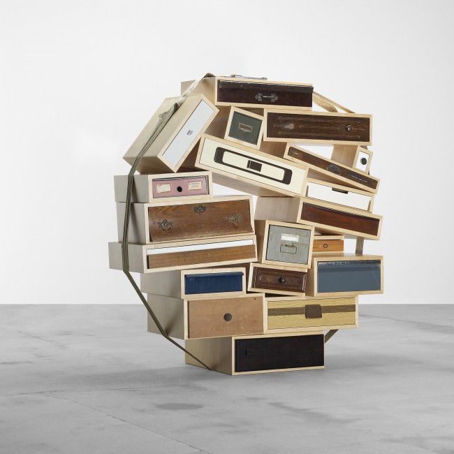 Tejo Remy You Can't Lay Down Your Memories: Tejo Remy You Can't Lay Down Your Memories Droog The Netherlands, c. 1991 vintage drawers, maple frames, jute, stainless steel 56 w x 22 d x 58 h inches Measurements are approximate and vary with inst