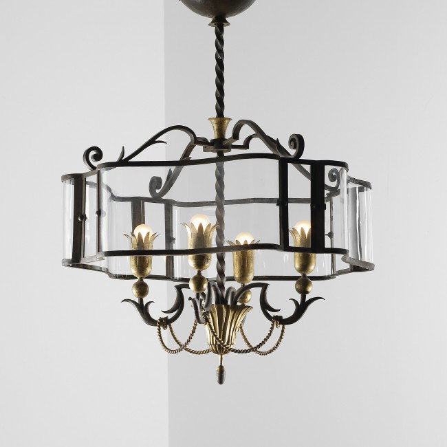 Gilbert Poillerat chandelier: Gilbert Poillerat chandelier France, c. 1945 wrought iron, gilt iron, glass 26 w x 26 d x 38 h inches This work is unique. Literature: Gilbert Poillerat: Maitre Ferronnier, Baudot, unpaginated, illust