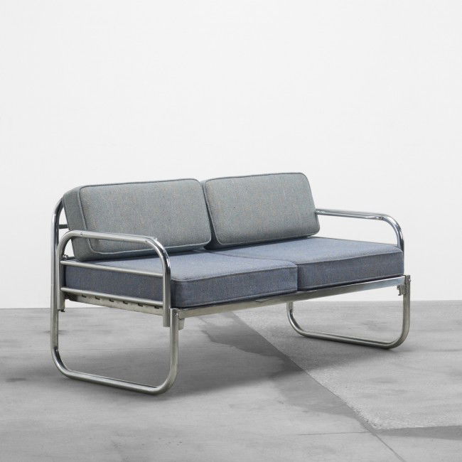 Franz Singer sofa bed: Franz Singer sofa bed Metz & Co. Germany, 1928 chrome-plated steel, upholstery 56 w x 27.5 d x 29.5 h inches The armrests of this form fold down to accomodate the backrest cushions, transforming the s