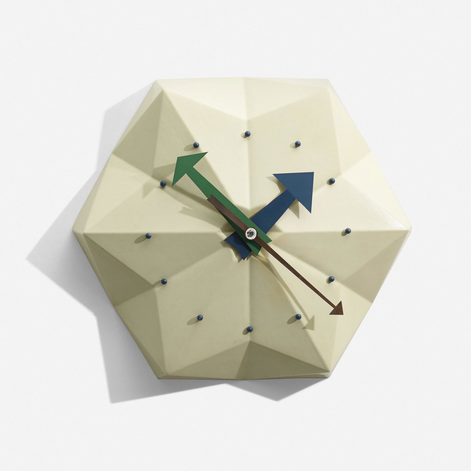 George Nelson & Associates, Rare wall clock, model 2282: George Nelson & Associates Rare wall clock, model 2282 Howard Miller Clock CompanyUSA, c. 1961lacquered fiberglass, enameled copper, lacquered wood 3.25 d × 14 dia in (8 × 36 cm)