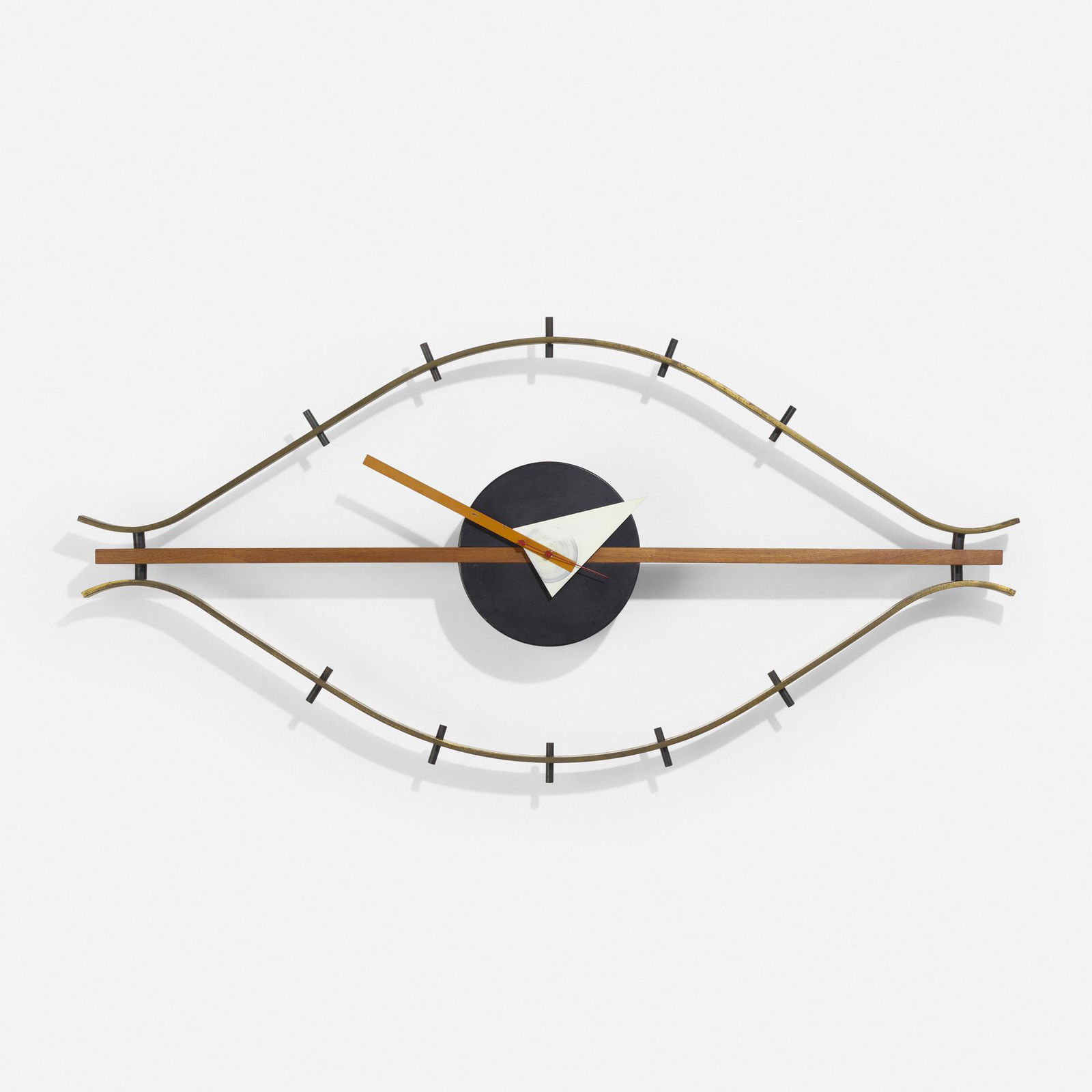 George Nelson & Associates, Eye wall clock, model 2238: George Nelson & Associates Eye wall clock, model 2238 Howard Miller Clock CompanyUSA, 1957enameled steel, enameled aluminum, brass, walnut, lacquered wood 14.5 h × 29.5 w × 3 d in (