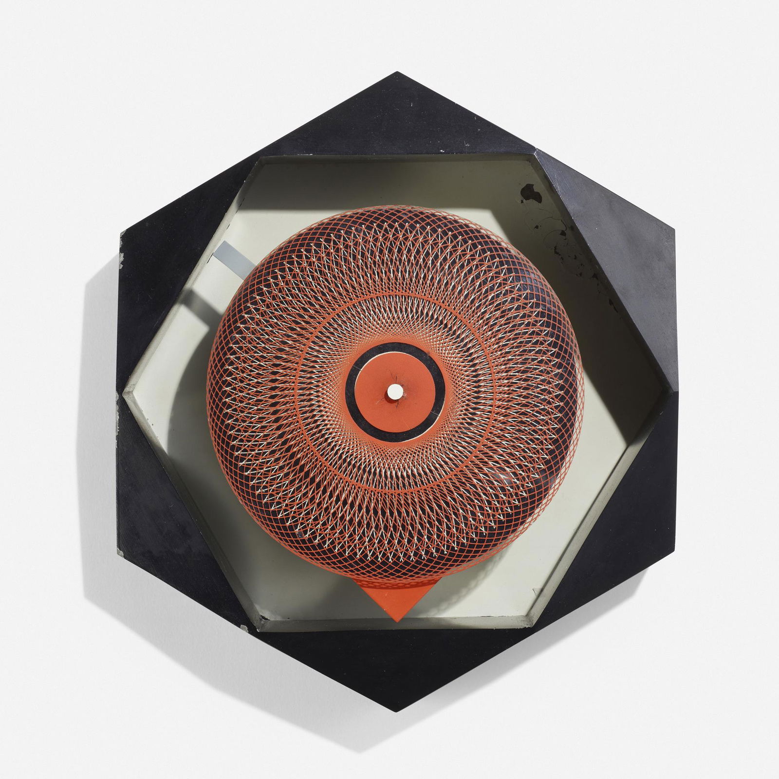 George Nelson & Associates, Hexagon wall clock: George Nelson & Associates Hexagon wall clock, model 2266A from the Motion Notion series Howard Miller Clock CompanyUSA, 1959-60enameled aluminum, screenprint on acrylic, enameled steel 10.75 h
