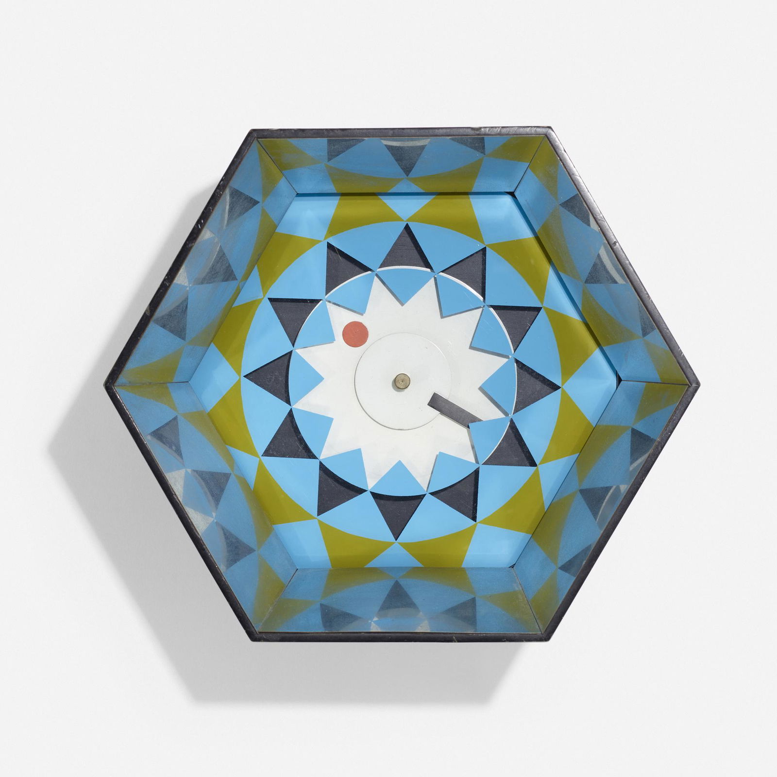 George Nelson & Associates, Kaleidoscope wall clock: George Nelson & Associates Kaleidoscope wall clock, model 2277 from the Motion Notion series Howard Miller Clock CompanyUSA, 1959-60lacquered wood, chrome-plated steel, screenprint on acrylic, bra