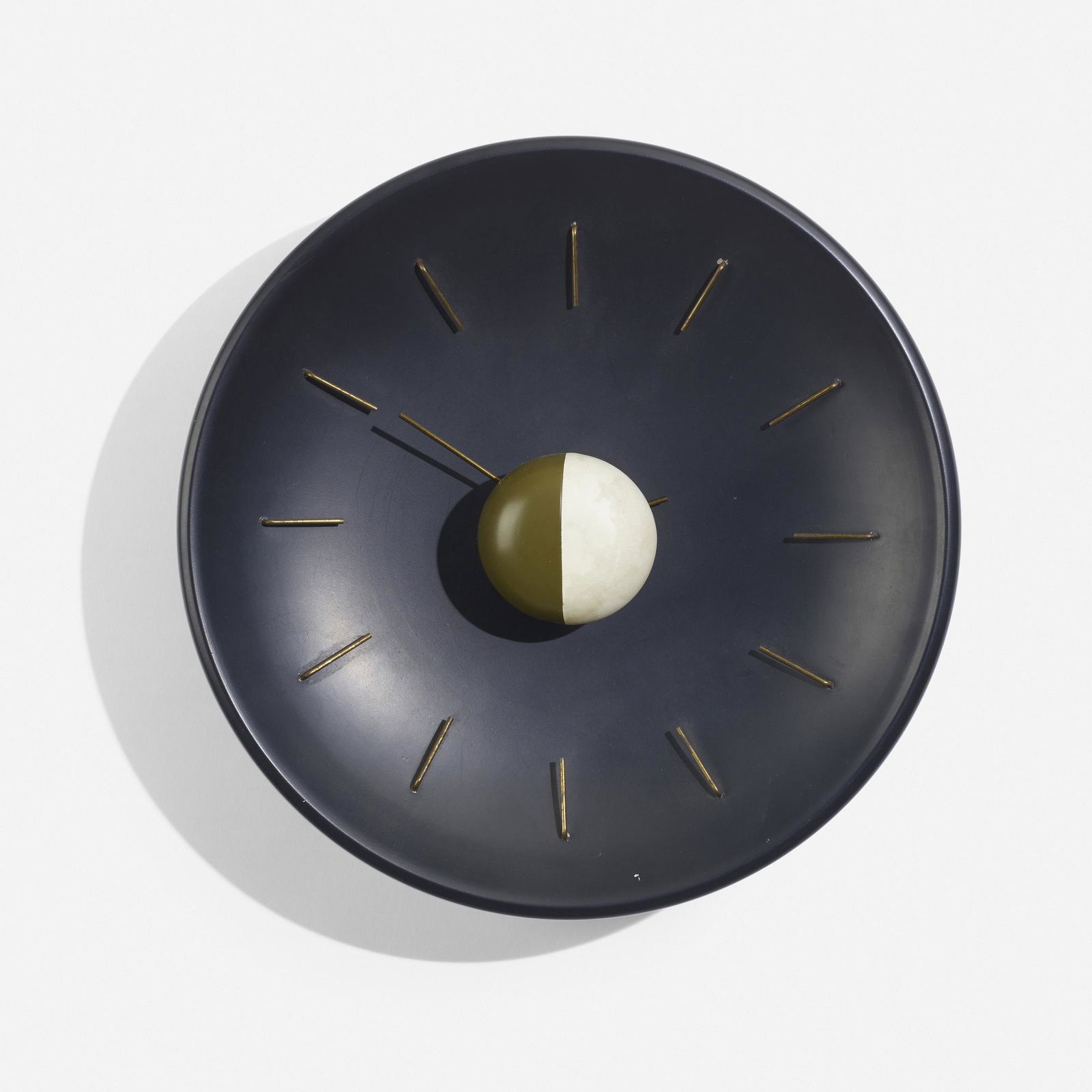 George Nelson & Associates, Rare wall clock, model 2280: George Nelson & Associates Rare wall clock, model 2280 Howard Miller Clock CompanyUSA, c. 1960enameled aluminum, brass, plastic 5 d × 13.25 dia in (13 × 34 cm) Applied decal