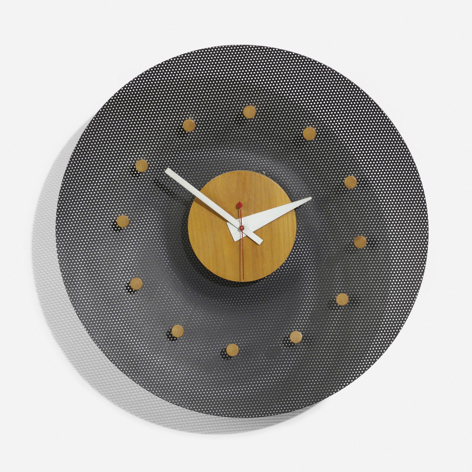 George Nelson & Associates, Wall clock, model 2203B: George Nelson & Associates Wall clock, model 2203B Howard Miller Clock CompanyUSA, 1952-53enameled perforated steel, birch, enameled aluminum 3.5 d × 14.25 dia in (9 × 36 cm)