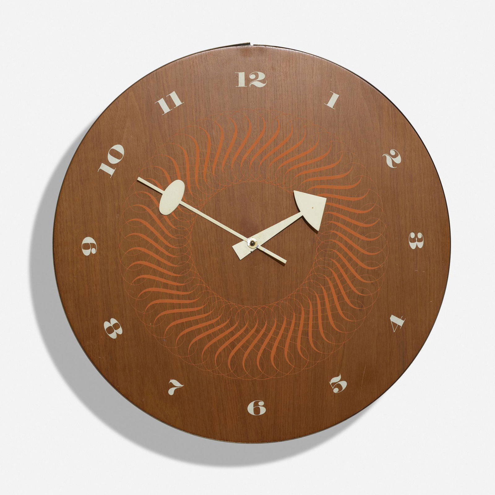 George Nelson & Associates, Wall clock, model 2234C: George Nelson & Associates Wall clock, model 2234C Howard Miller Clock CompanyUSA, 1957screenprint on walnut, enameled aluminum 3 d × 15.5 dia in (8 × 39 cm) Decal manufactur