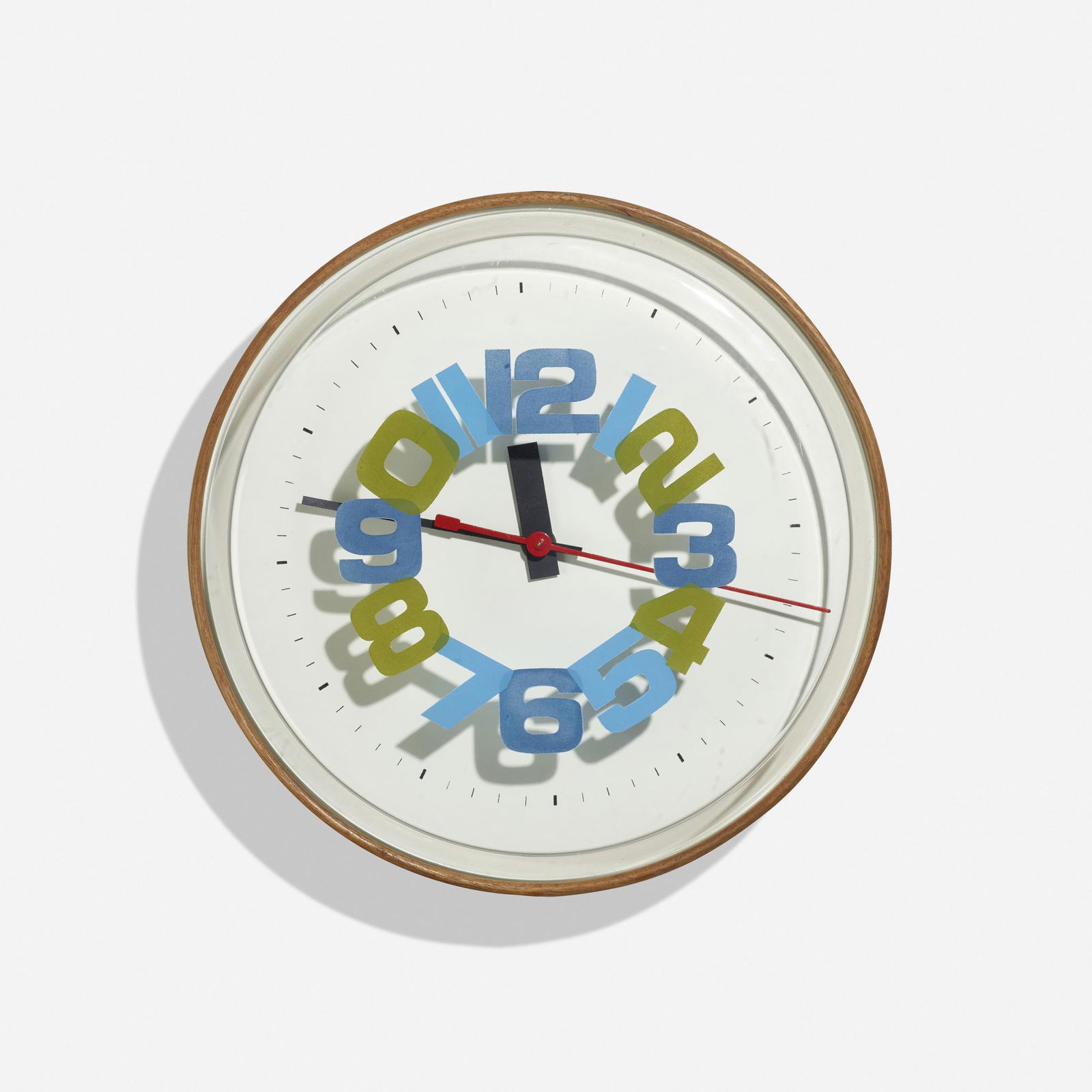 George Nelson & Associates, Wall clock, model 2281: George Nelson & Associates Wall clock, model 2281 Howard Miller Clock CompanyUSA, 1959-60screenprint on acrylic, walnut, enameled aluminum 4 d × 12.25 dia in (10 × 31 cm) Imp