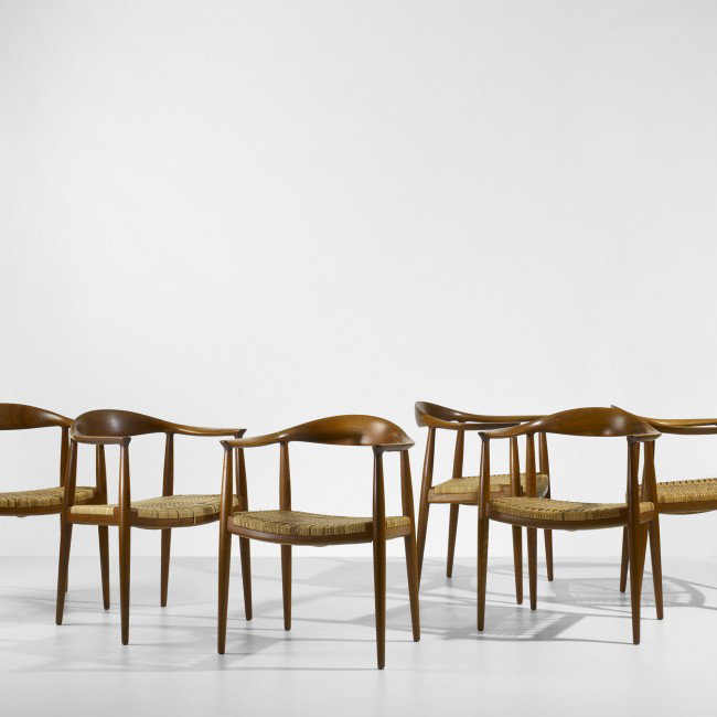 Hans Wegner The Chairs, set of six: Hans Wegner The Chairs, set of six Johannes Hansen Denmark, 1949/1975 teak, cane 24.75 w x 21 d x 30 h inches Signed with branded manufacturer's mark to underside of each example: [Johannes Hansen Cop