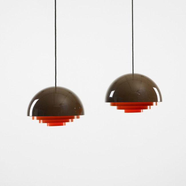 Lyfa pendant lamps, pair: Lyfa pendant lamps, pair Denmark, c. 1970 enameled steel 13.5 dia x 9.5 h inches