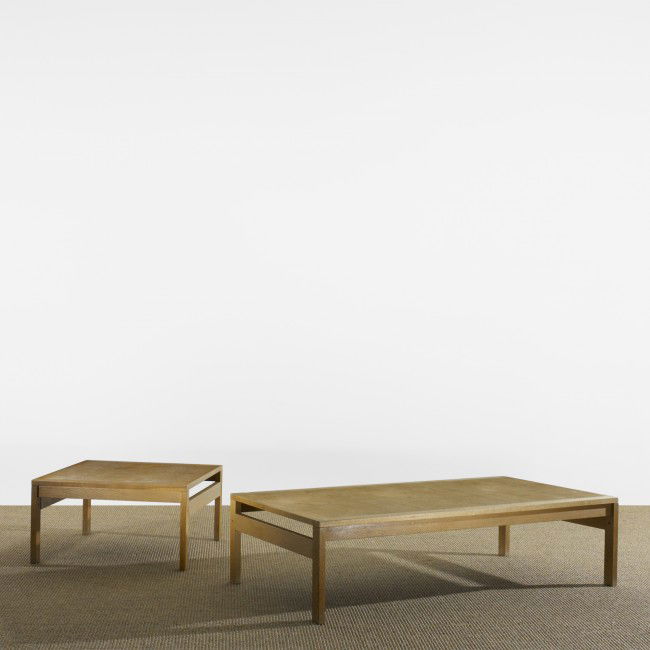 Ole Gjerlov-Knudsen coffee tables, pair: Ole Gjerlov-Knudsen coffee tables, pair Carl Hansen & Son Denmark, c. 1970 oak 45.75 w x 26 d x 12 h inches Additional table measures: 22.75 w x 26 d x 12 h inches. Signed with applied disc manufactur