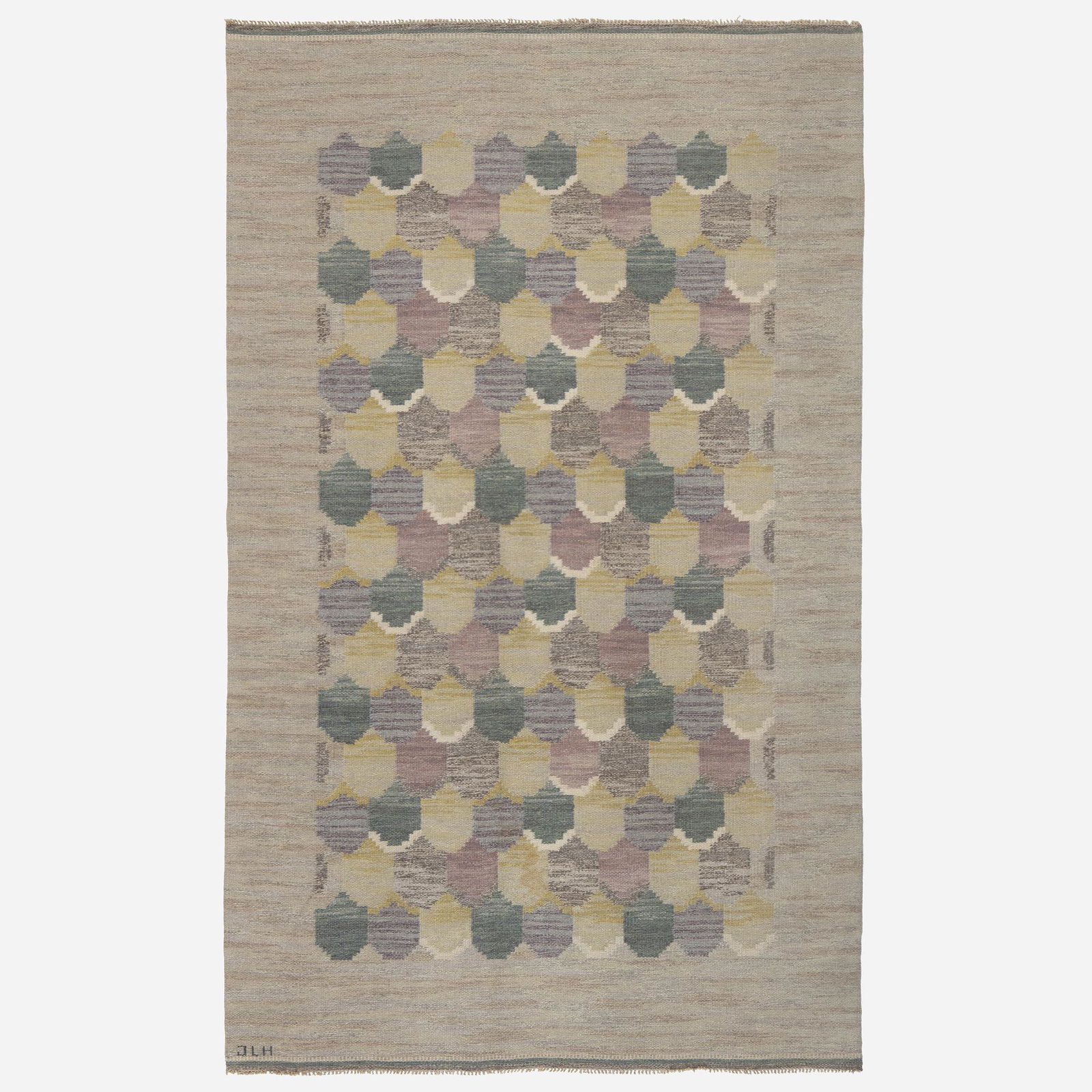 Jonkopings Lans Hemslojd, Flatweave carpet: Jonkopings Lans Hemslojd Flatweave carpet Sweden, c. 1950hand-woven wool 5'6" × 9' in (168 × 274 cm) Woven initials to corner 'JLH'. This work will ship from Ne