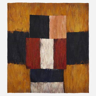 After Sean Scully, Tapestry: After Sean Scully Tapestry 2021hand-woven wool 80 h × 72 dia in (203 × 183 cm) Signed to reverse 'I. Vacenane Latvia'. This tapestry was hand-woven by Latvian artist Iveta Vecenane