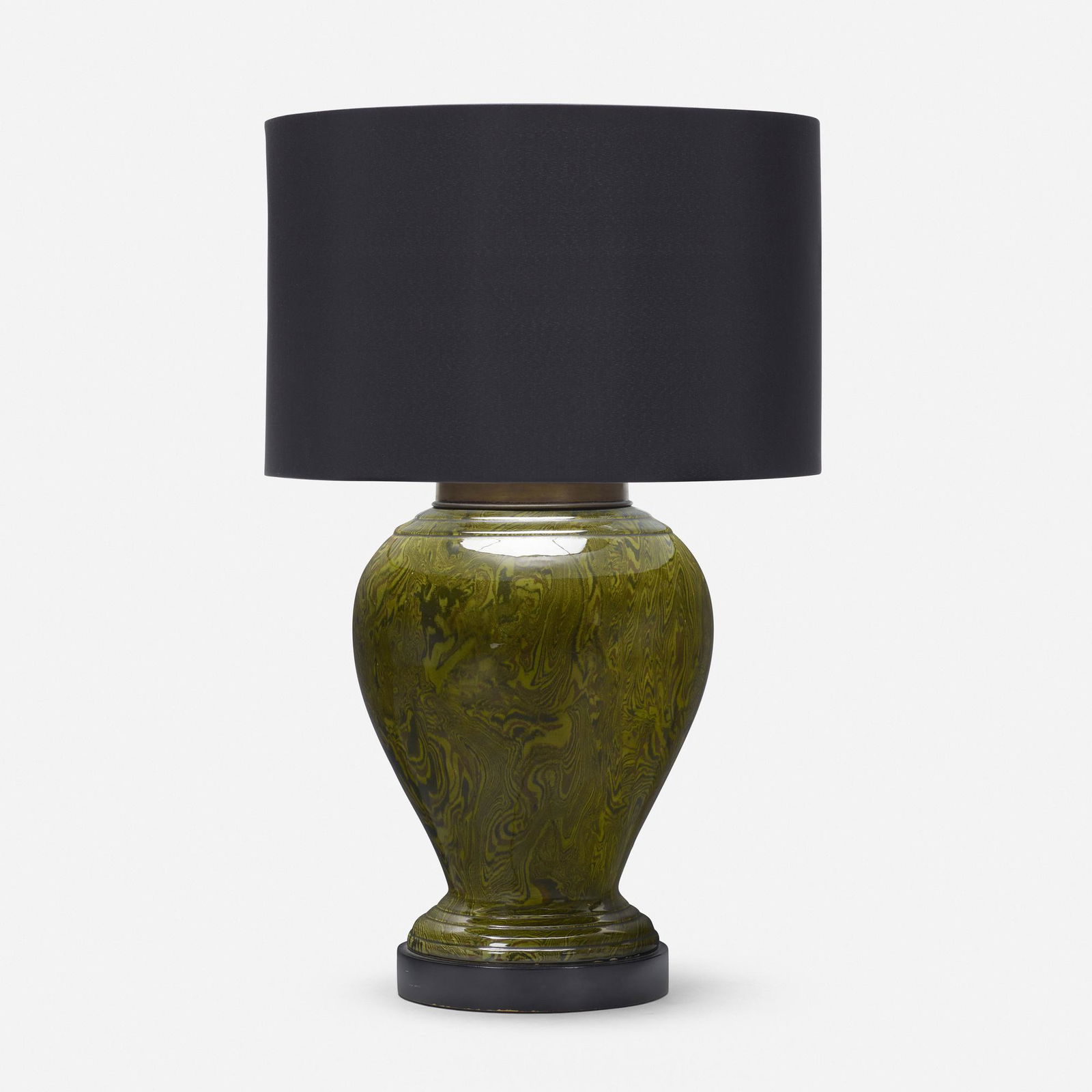Selected by Samuel Marx, Table lamp from the Plotkin-Dresner Residence, Highland Park: Selected by Samuel Marx Table lamp from the Plotkin-Dresner Residence, Highland Park USA, c. 1945glazed ceramic, brass, linen, lacquered wood 29.75 h × 19 dia in (76 × 48 cm)
