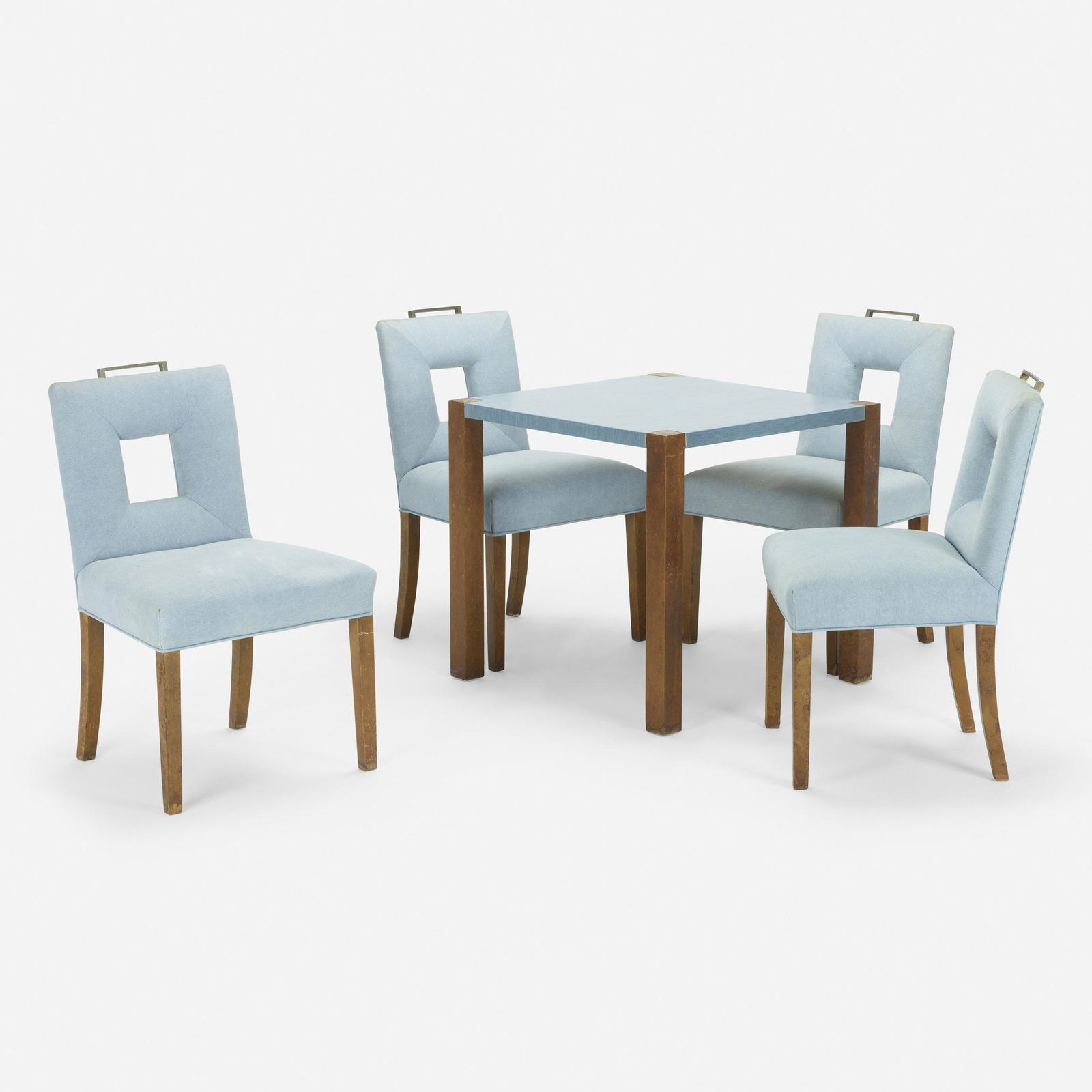 Samuel Marx, Custom card table and chairs from the Plotkin-Dresner Residence, Highland Park, set of: Samuel Marx Custom card table and chairs from the Plotkin-Dresner Residence, Highland Park, set of four USA, c. 1945maple burl veneer, upholstery, vinyl, aluminum table: 28.25 h × 30 w ×