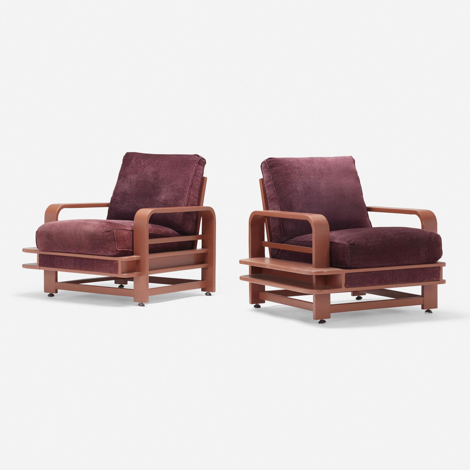 Russel Wright, Lounge chairs, pair: Russel Wright Lounge chairs, pair Conant BallUSA, 1935lacquered wood, upholstery 35 h × 34 w × 36 d in (89 × 86 × 91 cm) This work will ship from Wri