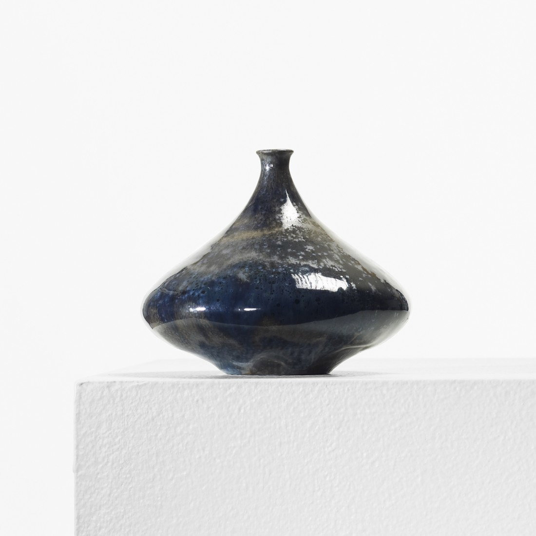 Otto and Gertrud Natzler vase: Otto and Gertrud Natzler vase with blue celadon reduction glaze with crystals USA, 1967 wheel-thrown and glazed earthenware 4.25 dia x 3.5 h inches Glazed signature to underside: [Natzler] with applie