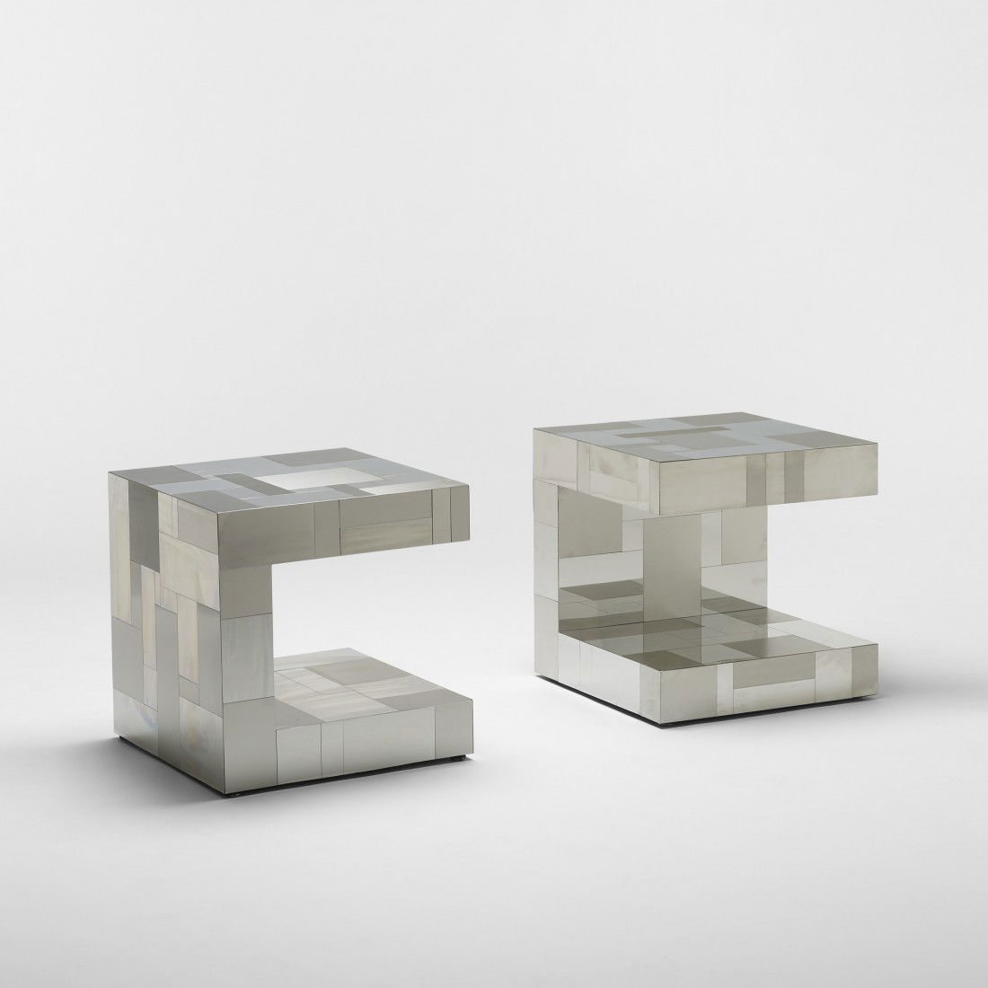 Paul Evans Cityscape tables, model PE 222: Paul Evans Cityscape tables, model PE 222 Paul Evans Studio for Directional USA, c. 1975 chrome-plated steel 20 w x 20.25 d x 20.5 h inches Signed with applied metal manufacturer's label to underside