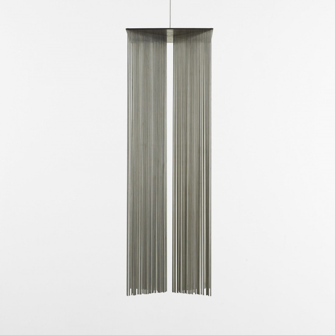 Klaus Ihlenfeld untitled (hanging sculpture): Klaus Ihlenfeld untitled (hanging sculpture) USA, c. 1970 stainless steel 8 w x 8 d x 46 h inches Four rows of thirty rods; 120 rods total. Provenance: Private collection, New York | Rago, Modern, Apr