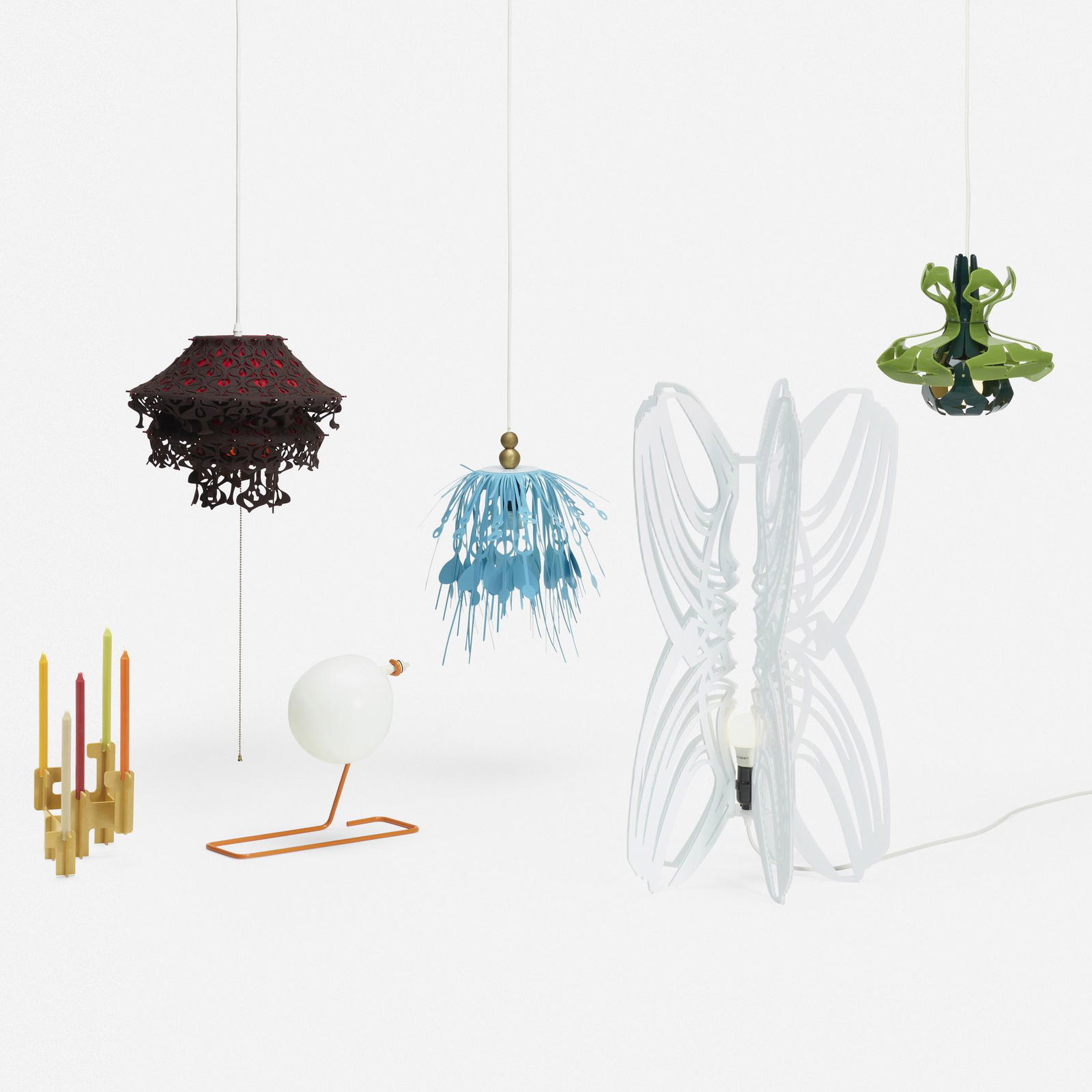 Jorge Pardo, Subscription Lamps II, set of six: Jorge Pardo Subscription Lamps II, set of six 2010enameled steel, rubber, plastic, felt, brass, corrugated polyethylene largest: 30.25 h × 16 dia in (77 × 41 cm) smallest: 10.75 h &tim