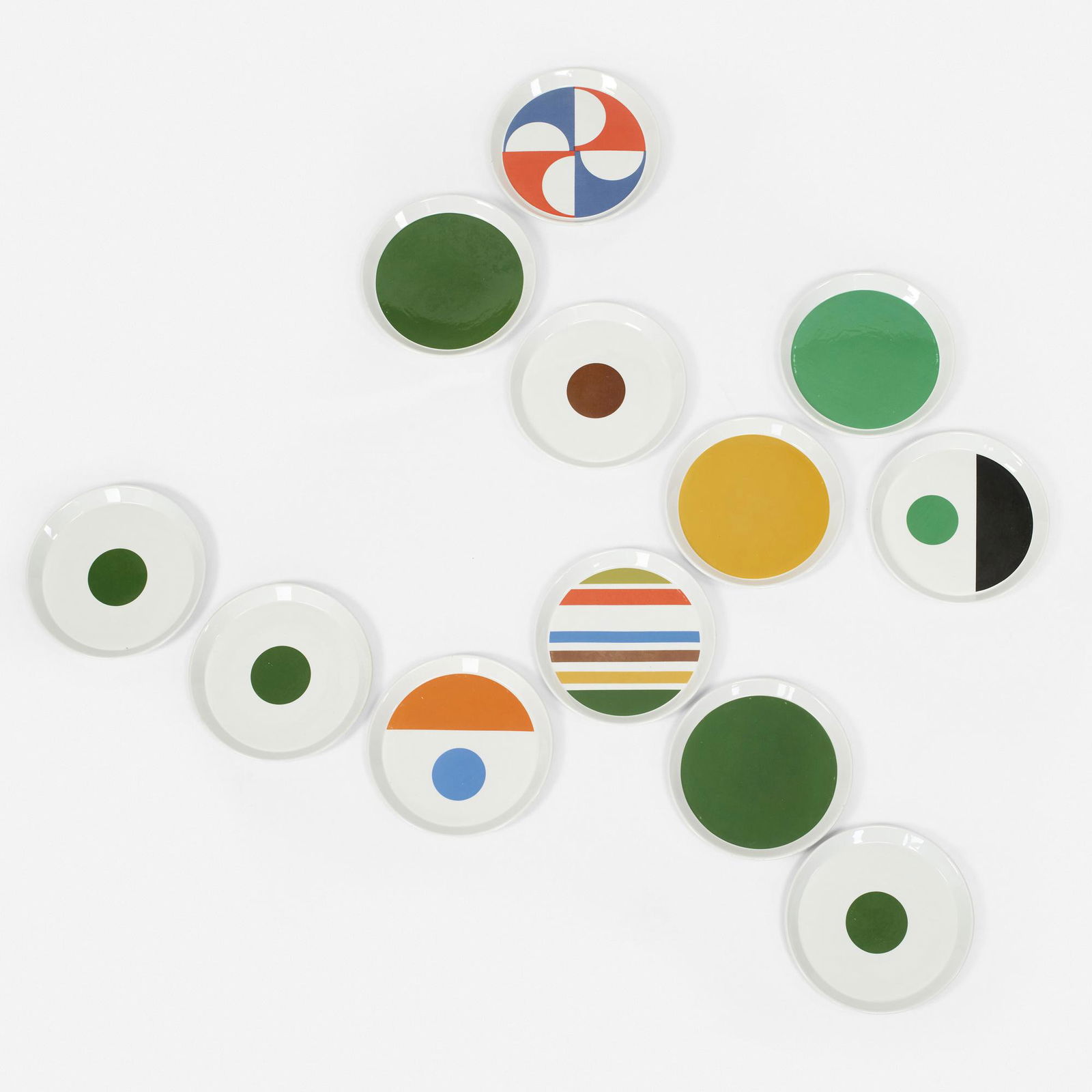 Gio Ponti, Fantasia Italiana plates,: Gio Ponti Fantasia Italiana dinner plates, collection of twelve Franco PozziItaly, 1967glazed porcelain 1 h × 10.25 dia in (3 × 26 cm) Printed signature and manufacturer's ma