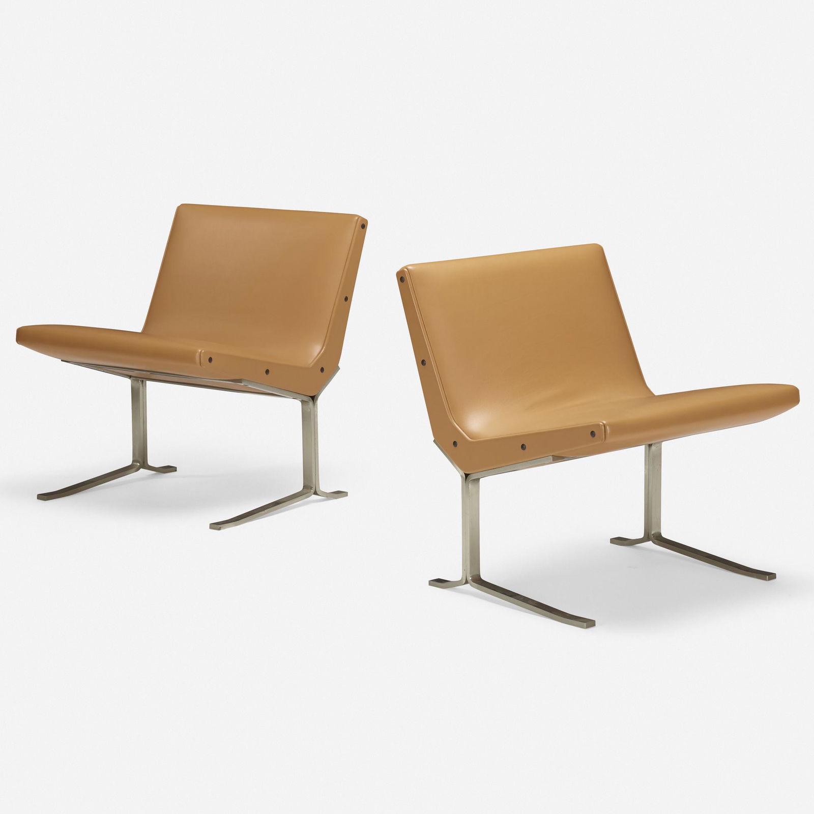 Giulio Moscatelli, Lounge chairs, pair: Giulio Moscatelli Lounge chairs, pair Forma NovaItalyleather, matte chrome-plated steel 27 h × 23.25 w × 23.5 d in (69 × 59 × 60 cm) Impressed manufacturer's mark