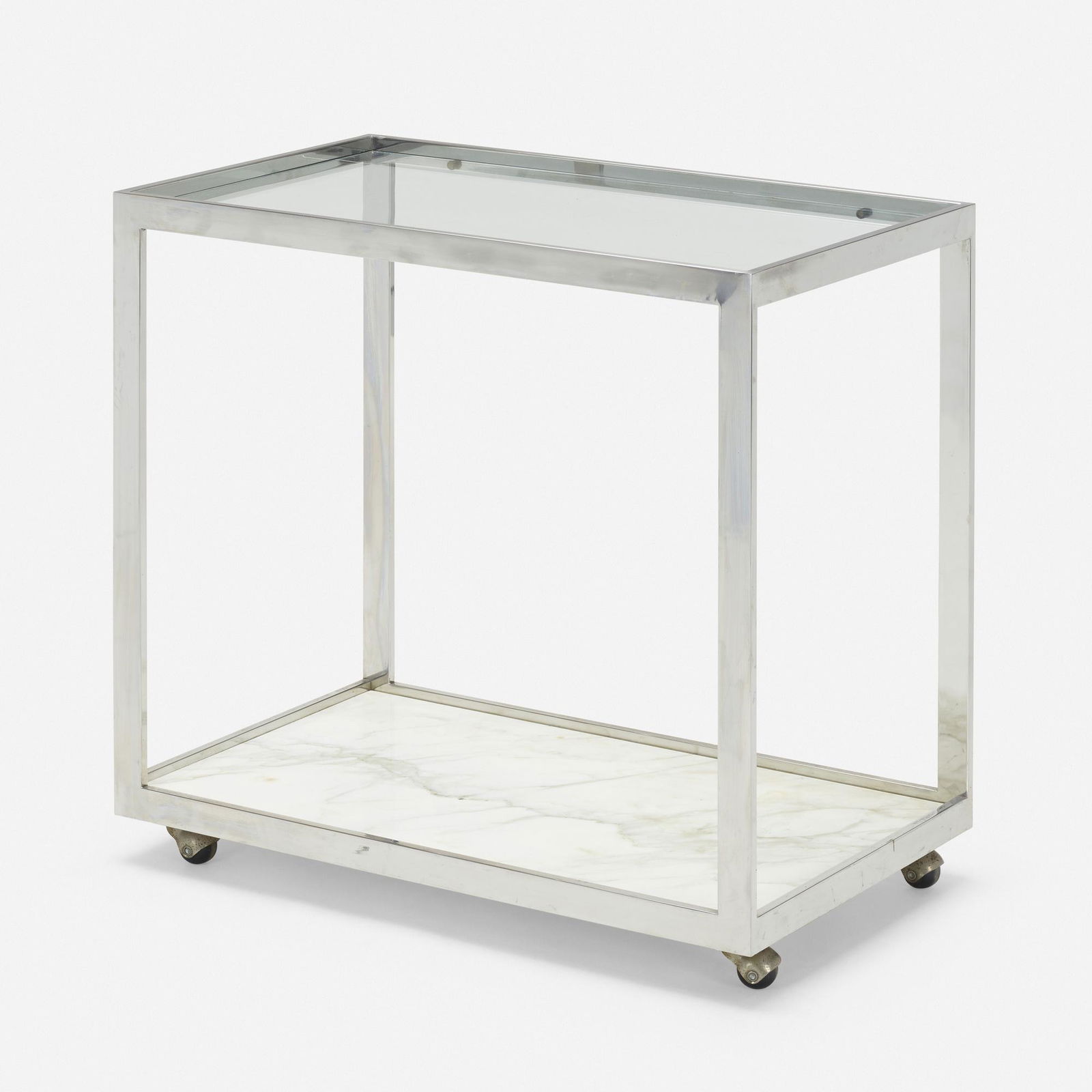 Brueton, Custom tea cart: Brueton Custom tea cart USA, c. 1970polished stainless steel, marble, glass 30.25 h × 31 w × 19 d in (77 × 79 × 48 cm) This work will ship from Wright in C